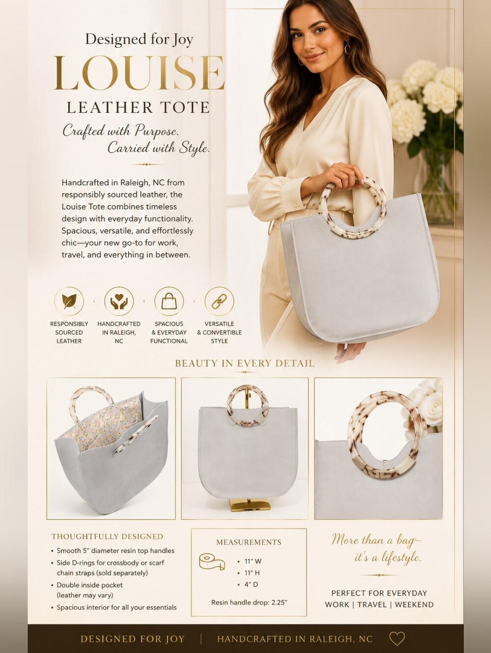 Joy Louise | Leather Top Handle Tote Bag | Handcrafted Large